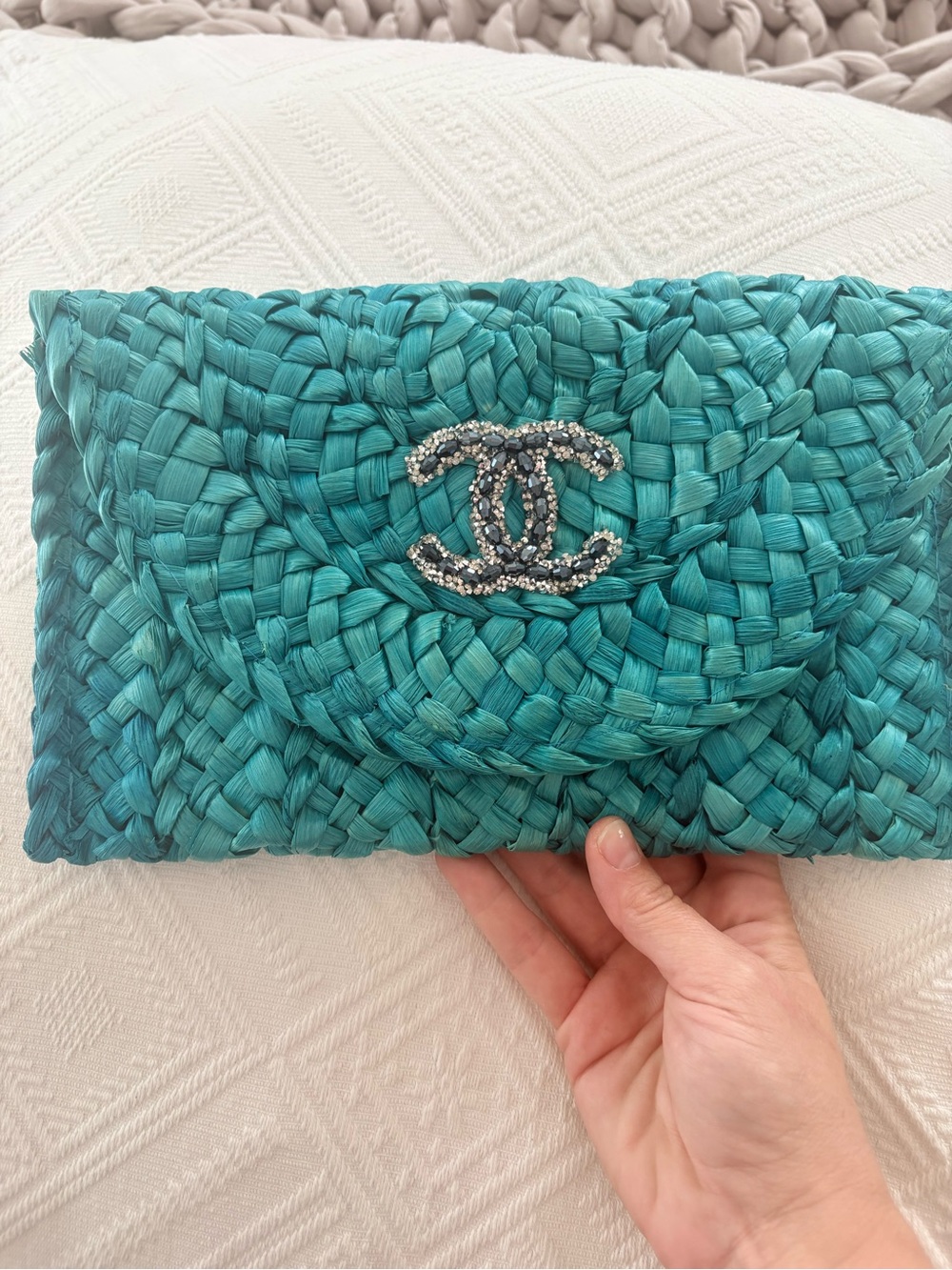 Teal Woven Raffia Clutch with Rhinestone CC Logo